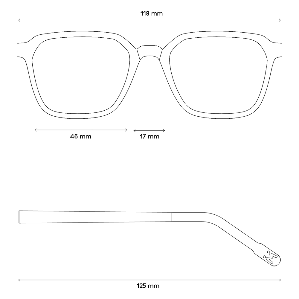 Eine Zeichnung von den Maßen der Brille