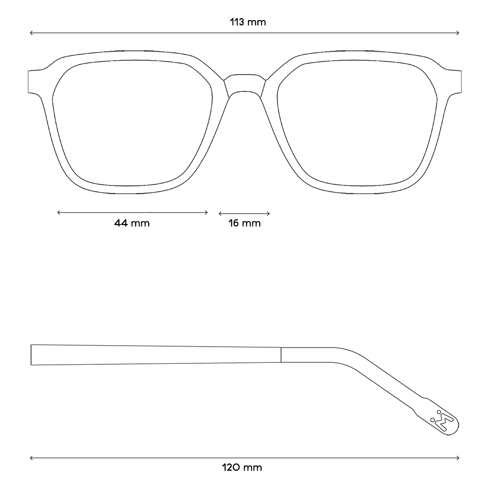 Eine Zeichnung von den Maßen der Brille