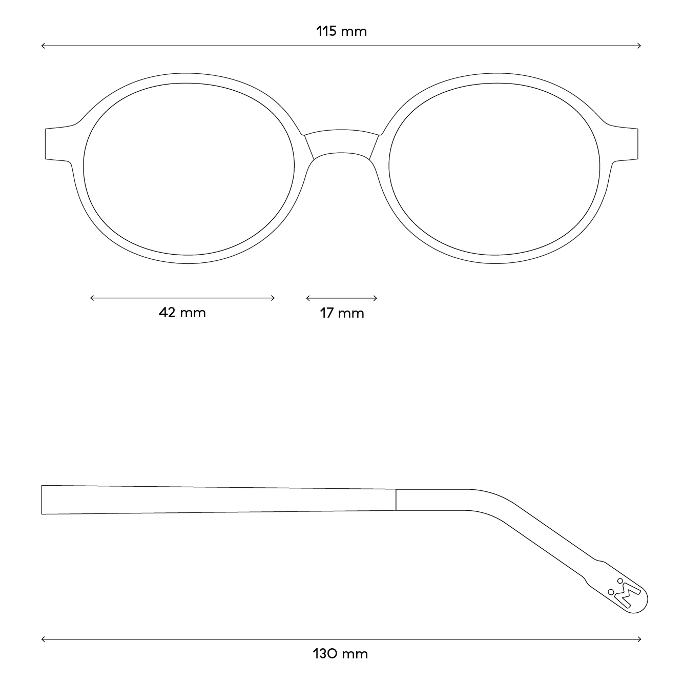 Eine Zeichnung von den Maßen der Brille