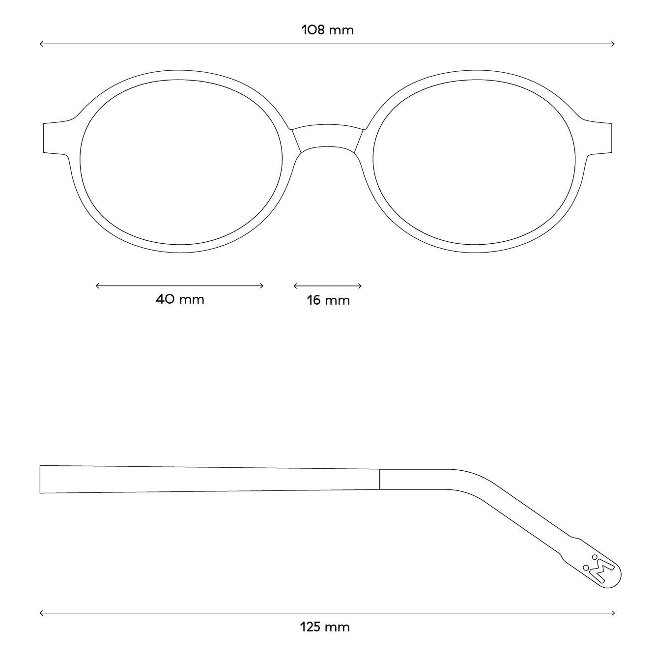 Eine Zeichnung von den Maßen der Brille
